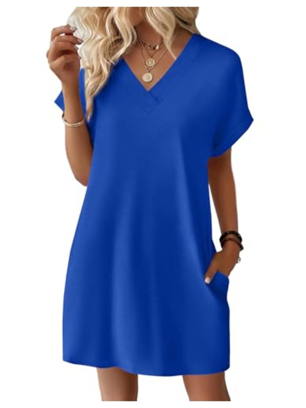 Casual Summer T-Shirt Dress Short Sleeve V-Neck Swing Tunic with Pockets